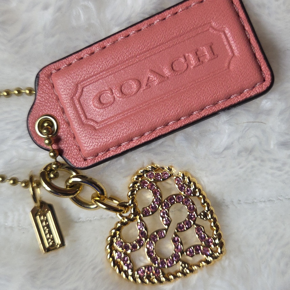 COACH 2.25" Salmon Pink Hangtag, Pink Pave & Gold Heart, Gold Coach Square
